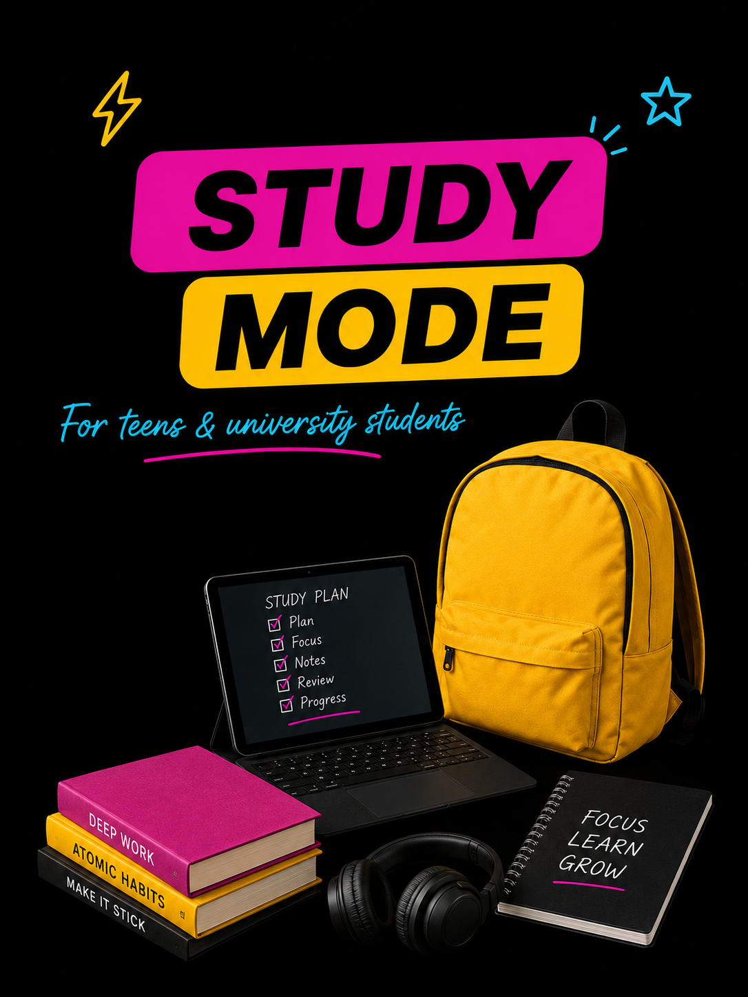 Study Mode — laptop study plan, books and headphones