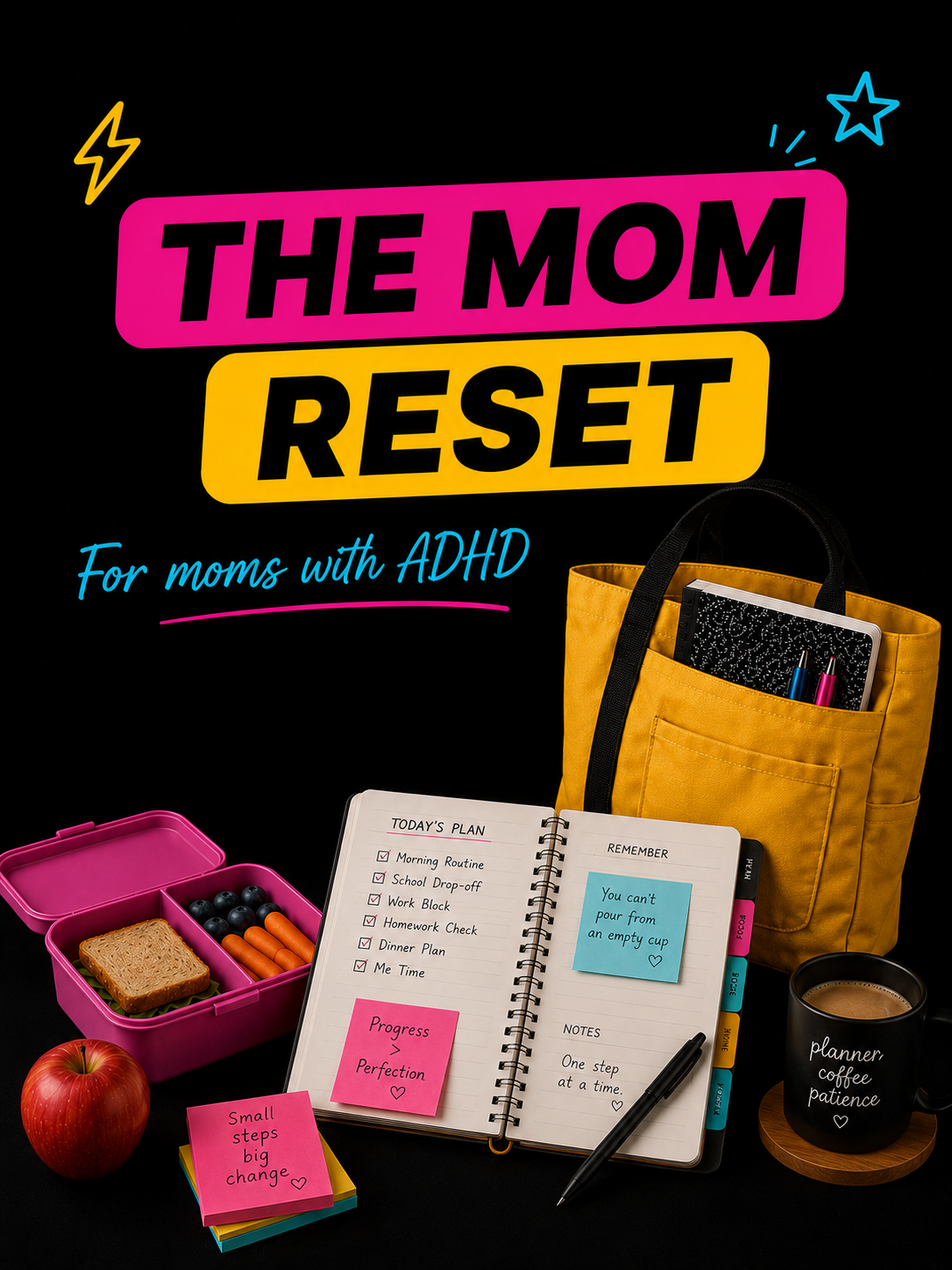 The Mom Reset — planner, tote bag and lunchbox on a black background